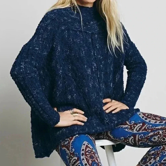Free People Blue Boho High Neck Nightingale Pullover Sweater Size XS - Picture 2 of 8